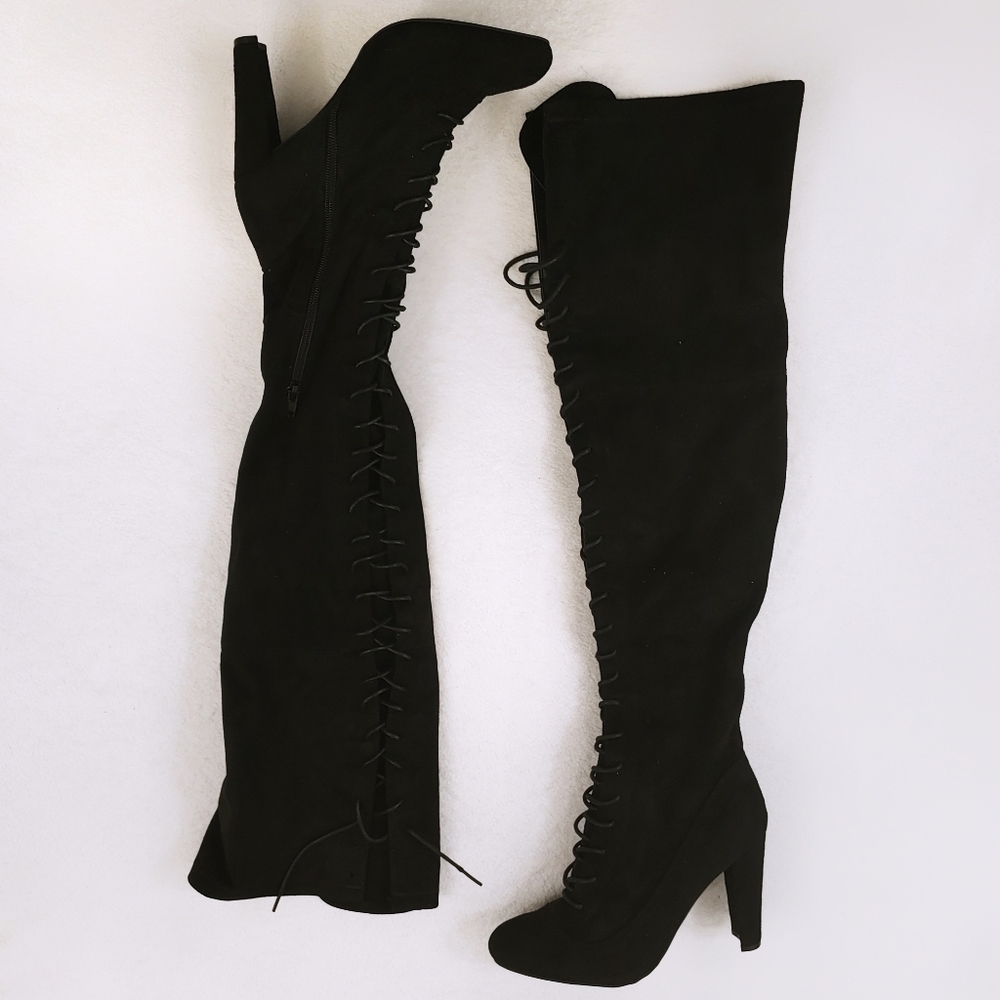 Thigh High Black Lace Up Suede-Like Boots